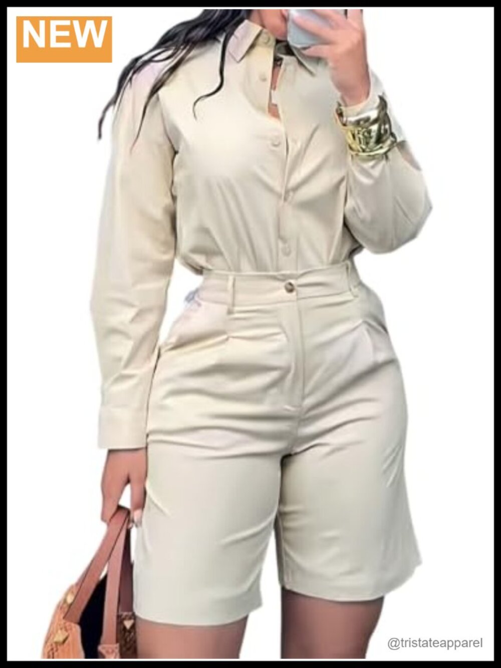 2 Piece Shirt Outfit Long Sleeve Button Down Top High Waisted Shorts Set